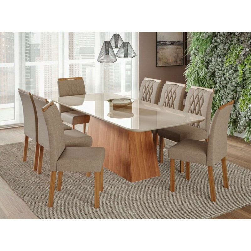 CJ MESA 8C CIMOL HELENA RETANGULAR 210X100 C/VDO CAD. JULIANA CINAMOMO/OFF WHITE/LINHO BEGE CJ MESA 8C CIMOL HELENA RETANGULAR 210X100 C/VDO CAD. JULIANA CINAMOMO/OFF WHITE/LINHO BEGE