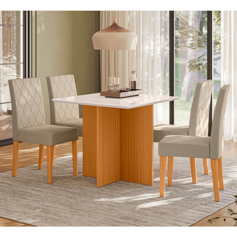 CJ MESA 4C POLIMAN HELO QUADRADA 90X90 C/VIDRO CAD JADE FREIJO/OFF WHITE